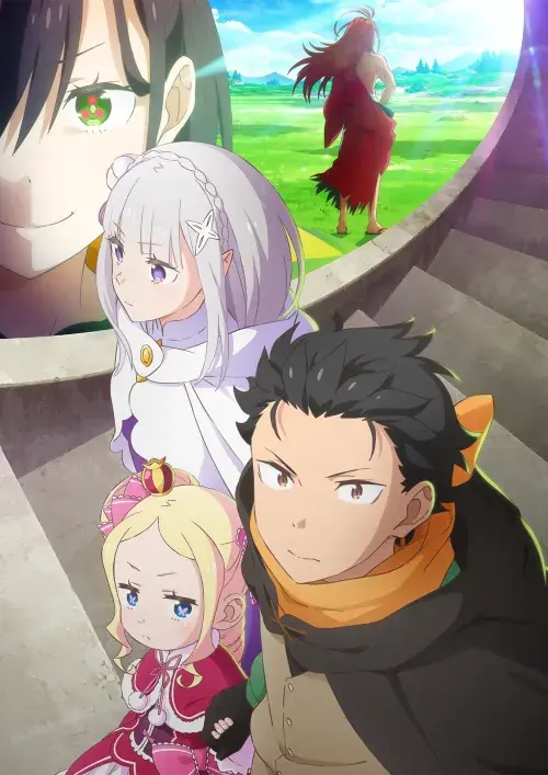 Imagen promocional con Subaru, Emilia, Beatrice, Shaula y Reid Astrea