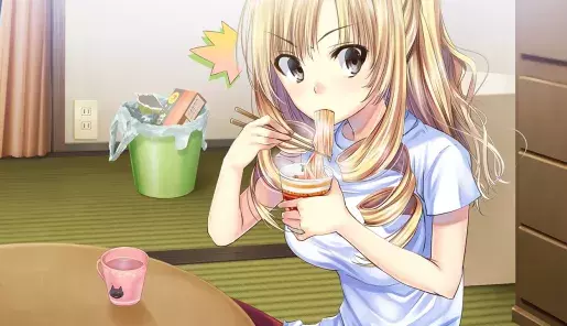 Chica anime comiendo ramen instantáneo