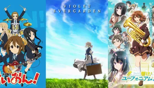 Carteles promocionales de K-On!, Violet Evergarden y Hibike! Euphonium